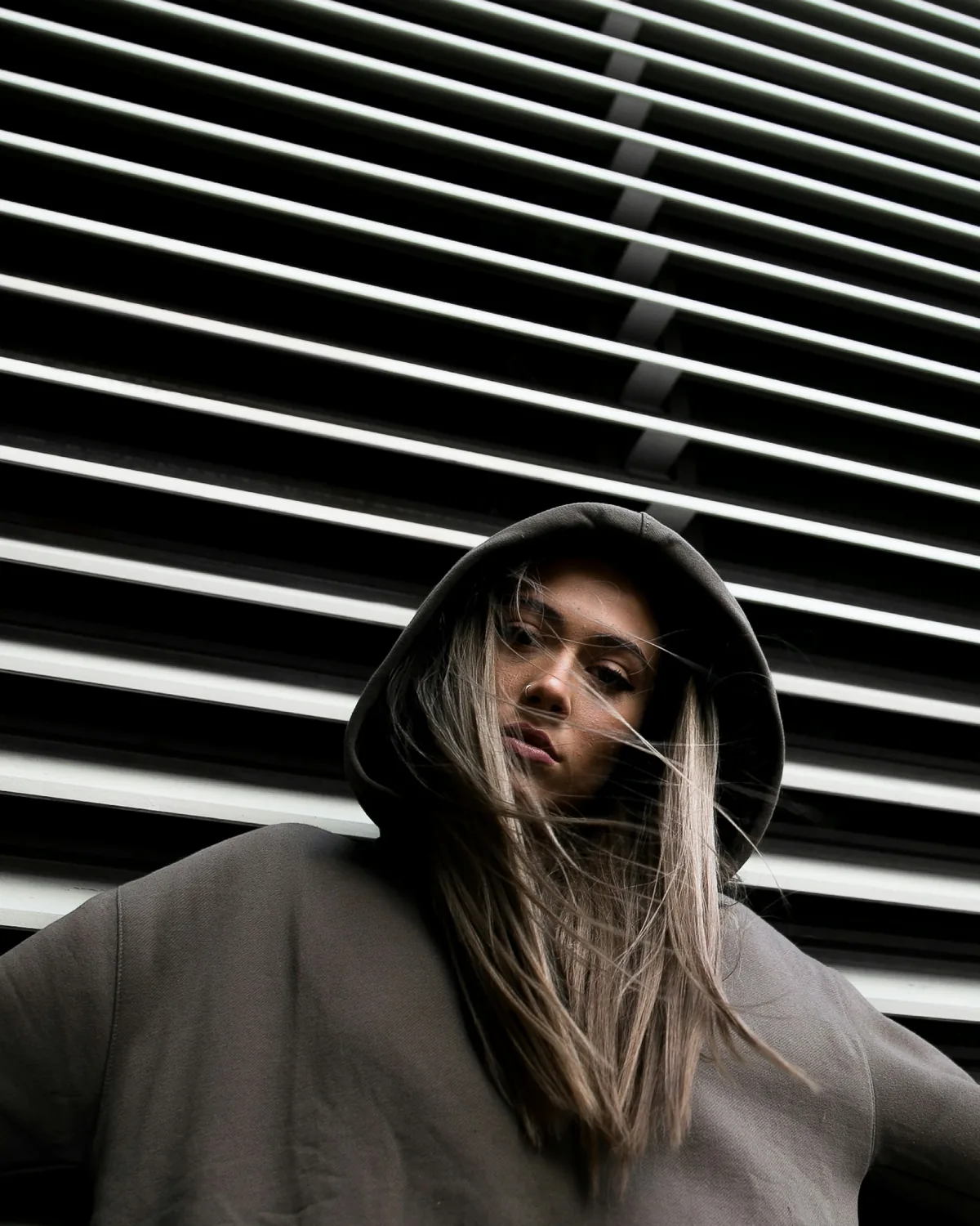 Capuche relevée, matière brossée