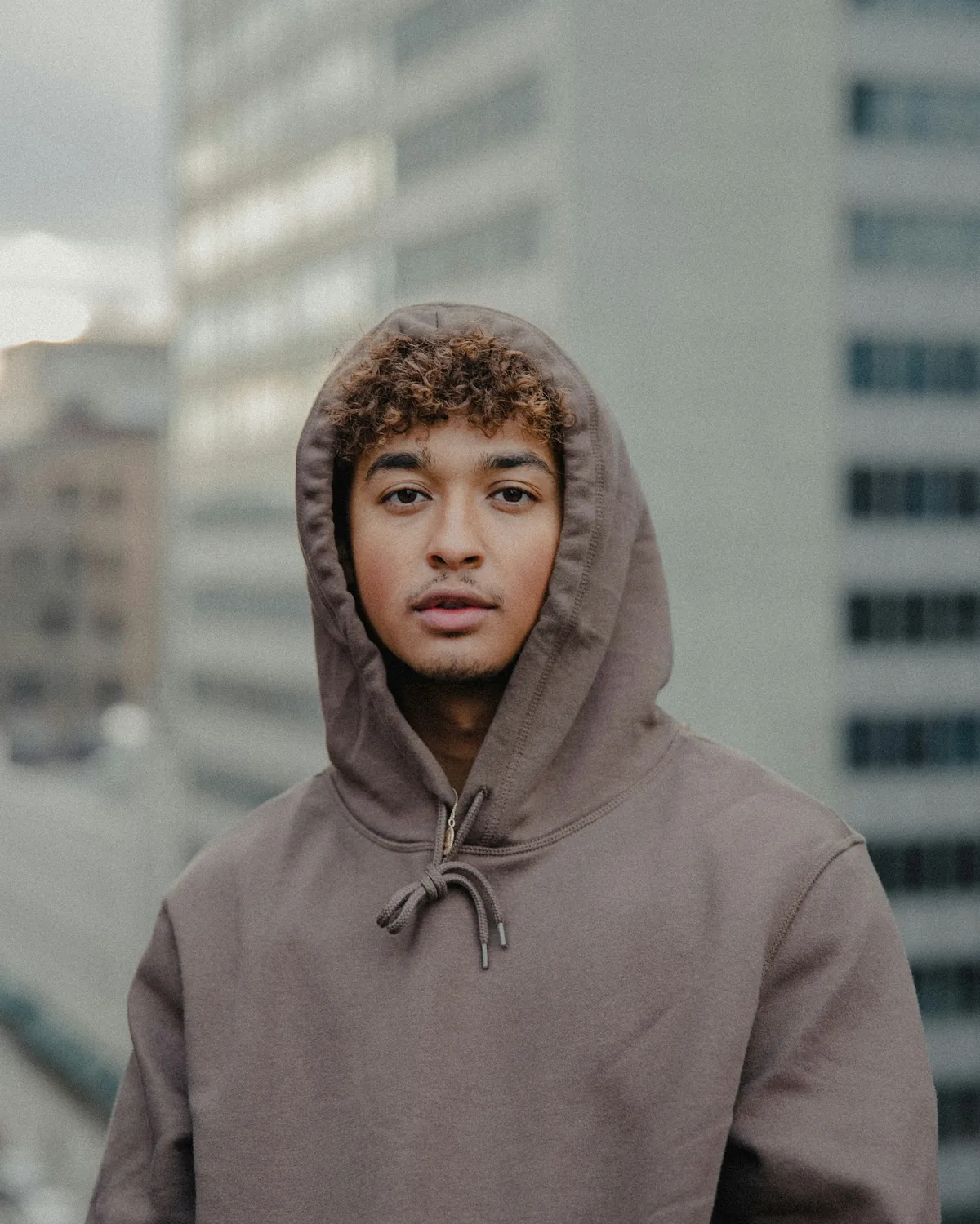 Hoodie taupe, capuche relevée